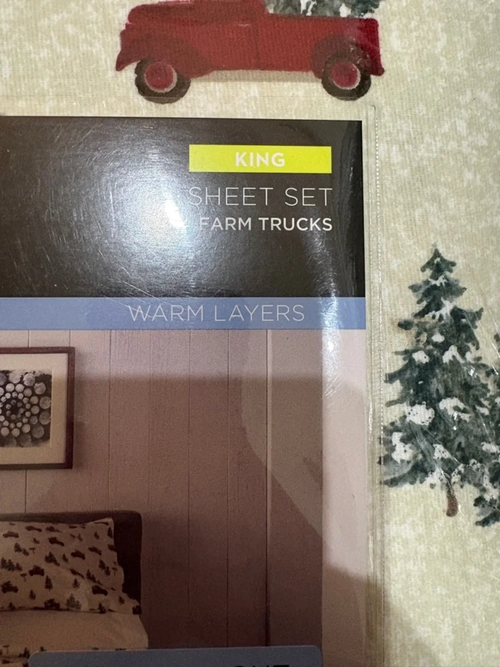 Cuddl Duds King Flannel Sheet Set - Cream with Red Trucks and Green Trees